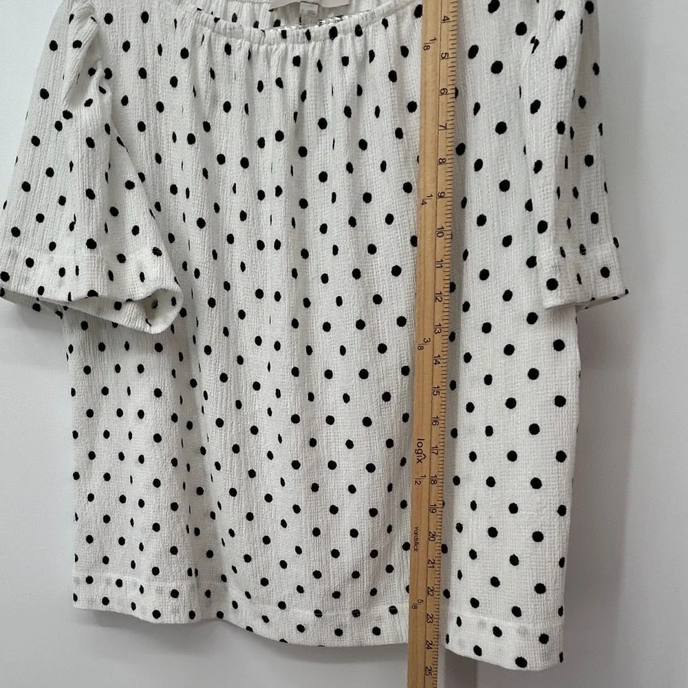 LOFT Womens Large Polka Dot Short Sleeve Puff Blouse White Black Textured Top
